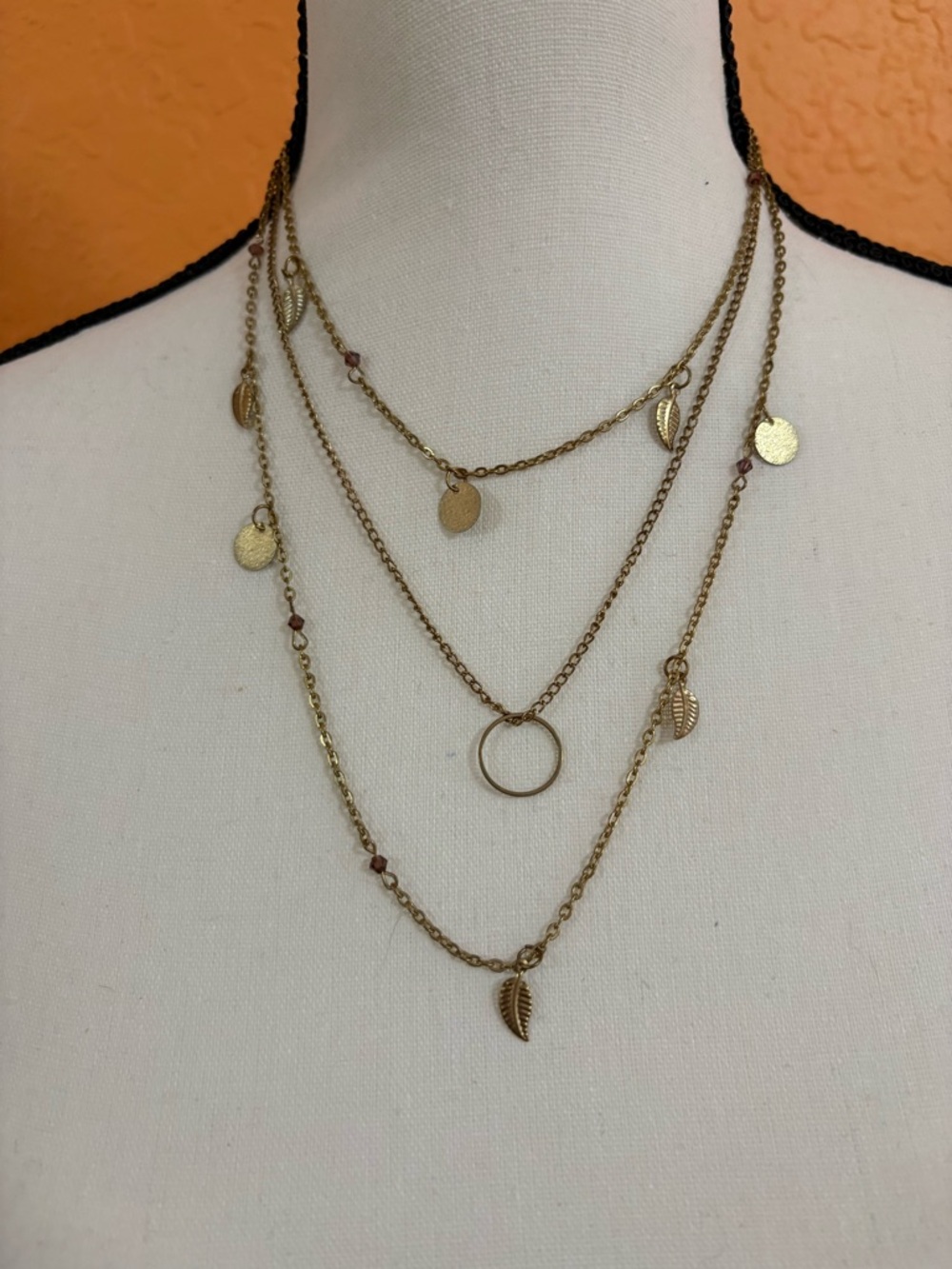 Layered Gold-Tone Leaf & Disc Necklace - Triple Strand Women’s Jewelry
